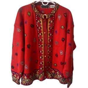 Vintage Christine Foley Sweater Women's Cardigan Bold Red Embellished Size 2(M)